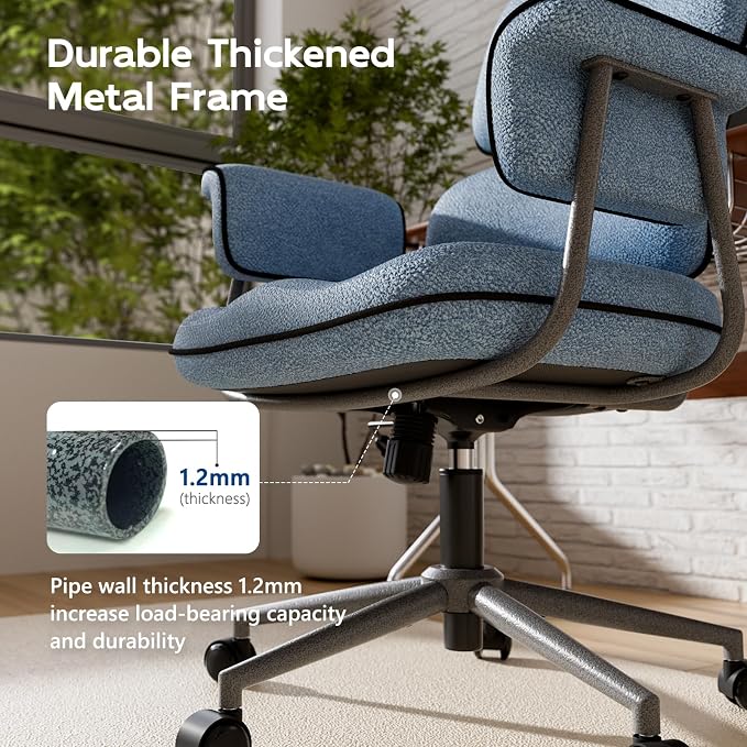 Blue Office Chair, Memory Foam Seat Mid Century Modern Desk Chair | 3.9" Sloped U-Shaped Memory Foam Cushion, Granular Linen Fabric, Lumbar Support, 1.2mm Sturdy Metal Tube, 400LBS Capacity