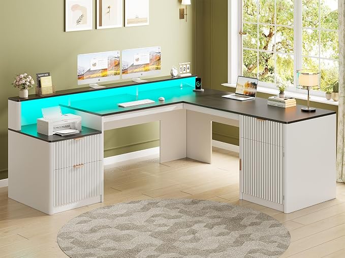 SEDETA 66" Modern L Shaped Desk with Drawers, Fluted Home Office Desk with File Cabinet and Printer Shelf, Wood Executive Desk with Monitor Stand, Led Lights, Power Outlets, White