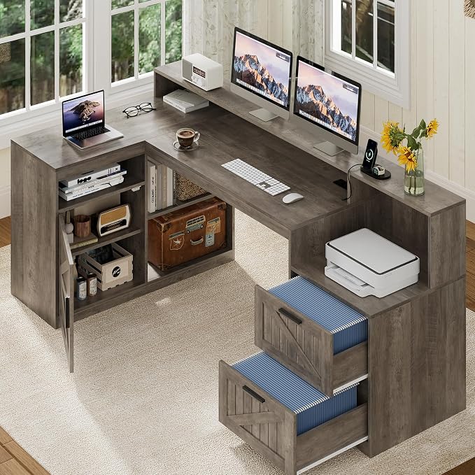 63" Farmhouse L Shaped Desk with Drawers and Printer Stand for Home Office | Computer Desk with Power Outlet, Home Office Desk with Storage Shelves and Monitor Stand, Gray