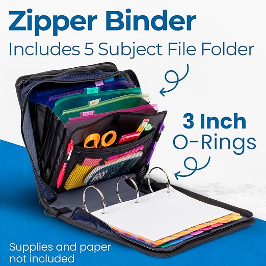 Case-it School Zipper Binder | 3" O-Rings | 600-Sheet | D-146 Tidal Wave | Mighty Zip Tab, 5-Color Tab Expanding File Folder, Multiple Pockets, Shoulder Strap, Office