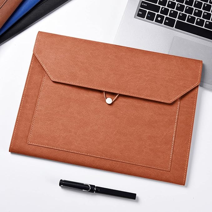 PU Leather A4 File Folder Document Holder 2 Pockets Portfolio Envelope Folder Case with Elastic String 3/4 Inch Expansion (Brown)