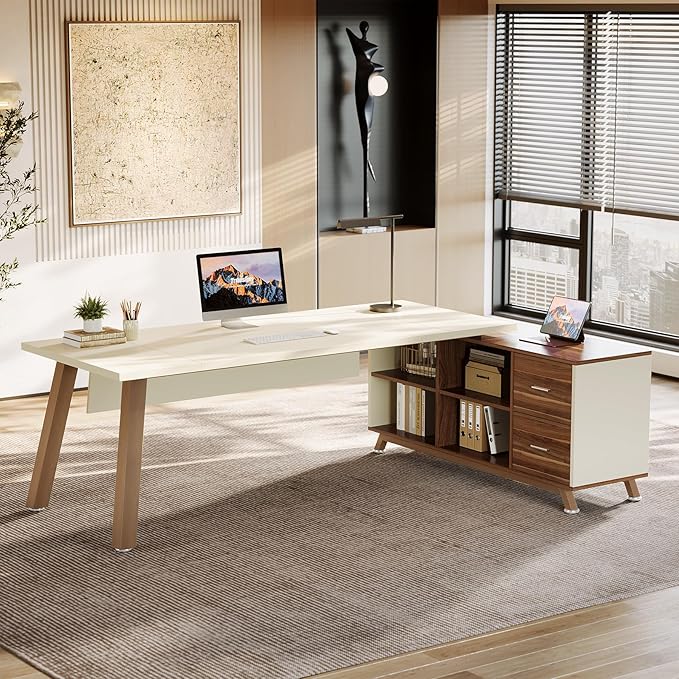Tribesigns 78.7" L-Shaped Executive Desk, Modern Office Desk with File Drawers & Storage Shelves, Large Computer Desk with 55-Inch Cabinet, Business Workstation for Home Office, Beige & Walnut
