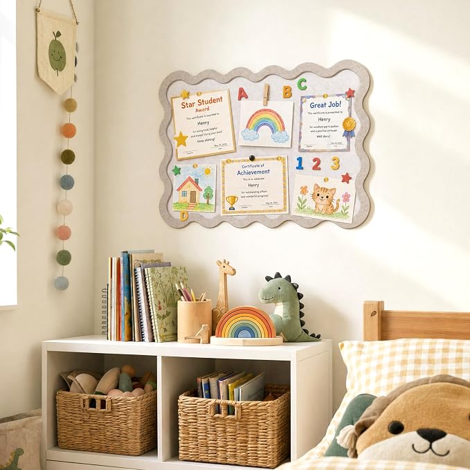 VABAMNA Scalloped Felt Bulletin Board 24"x18", Felt Cork Board Alternative for Wall, Foldable Picture Self-Adhesive Boards with Pins Hooks, Vision Boards for Photo Display School Home Office, Oatmeal