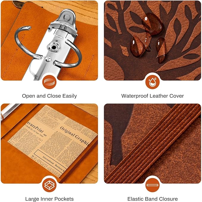 PU Leather 3 Ring Binder Fits 8.5"x11" Letter Size Paper, 1.5 Inch Round Ring Binder Holds 350 Sheets, Notepad Paper Cover Loose Leaf Organizer, Brown Tree
