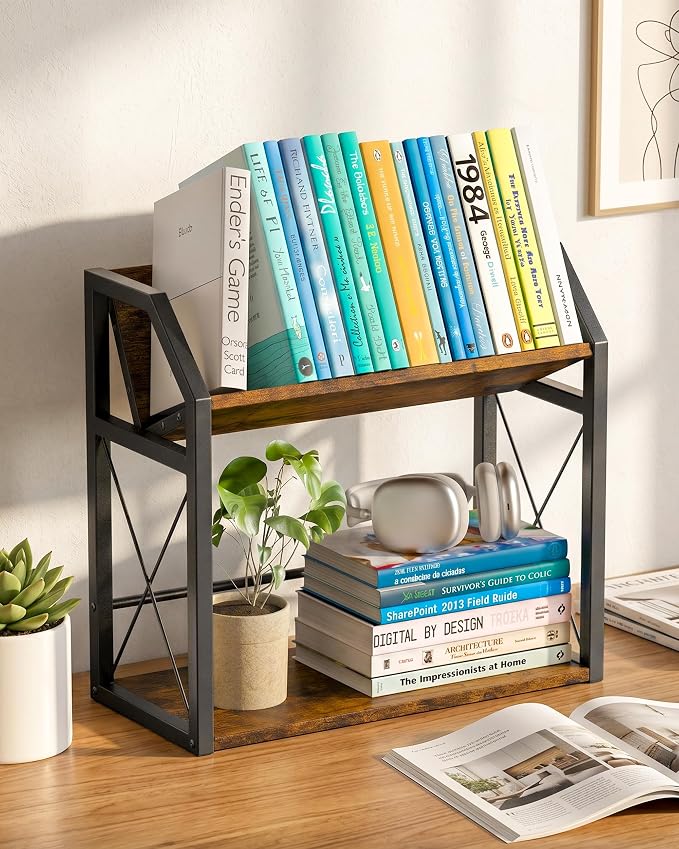 Desktop Bookshelf, Wooden Desk Shelf Organizer, Brown | 2-Tier Desk Top Storage Rack for Office, Dorm, Bedroom Decor, Small Tabletop Shelf for Books, Plants & Accessories