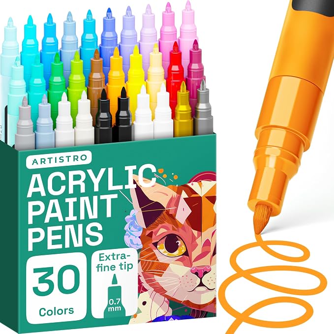 ARTISTRO 30 Acrylic Paint Marker Pens with Carton Box | Extra Fine Precision Tips, Painting & Calligraphy, Multisurface for Fabric, Rock, Glass Painting, Wood, DIY, Craft, Canvas