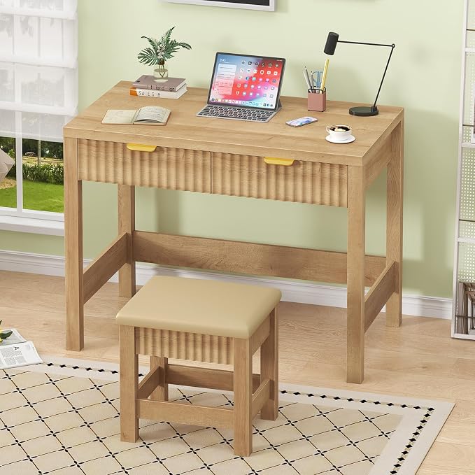 32 Inch Small Fluted Computer Desk with 2 Drawers & Stool for Bedroom | Small Wooden Computer Desk with Storage, Compact Writing Study Vanity Desk with Stool for Small Spaces, Oak
