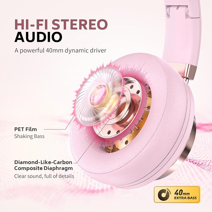 Wired Over-Ear Headphones Pink with Mic for School Work, 3.5mm Jack | Corded Passive Noise Isolating Stereo Headphones with Volume Control, Comfort Protein Leather Earcups for Teens, Women, Girls