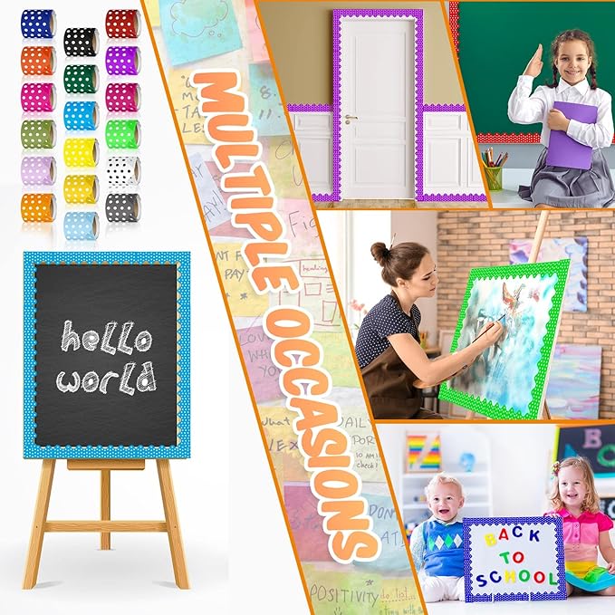 18 Rolls 300 Feet Bulletin Board Borders in 18 Colors, Scalloped Rolled Bulletin Board Trim for Wall Classroom School Office DIY Decoration(Polka Dots,Multicolored)