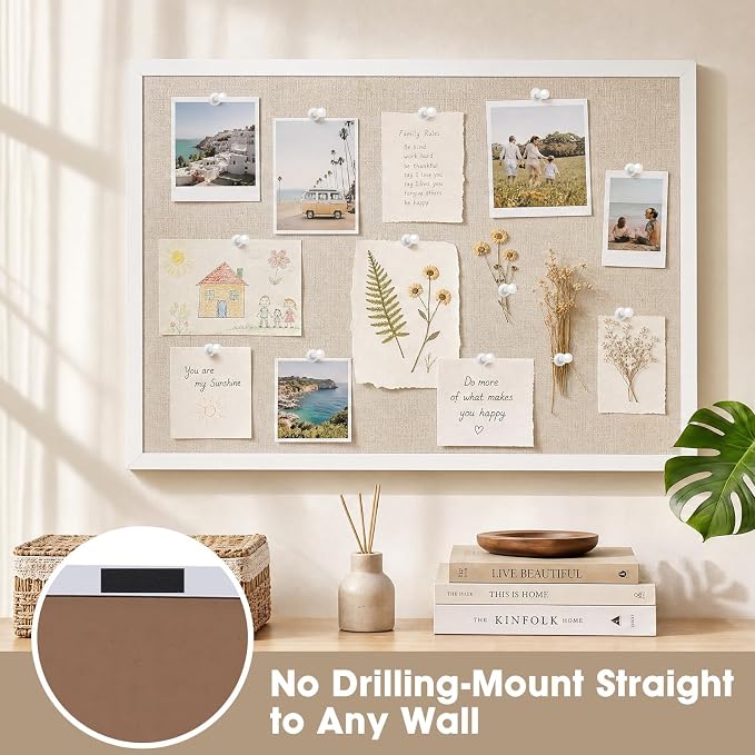 Linen Bulletin Board 14.5"x11", White Wood Frame, Nail-Free Wall Mount, Vision Board, Memo Board for Home Kitchen Office School, Room Decor, Wall Decor, 10 Pushpins