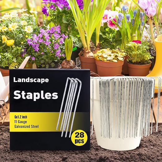 HongWay 28 Pack Landscape Staples 6 Inch, Galvanized Garden Stakes 11 Gauge | Heavy Duty Sod Pins Tent Stakes Garden Staples for Ground Cover, Landscaping Fabric, Yard, Lawn, Turf, Irrigation Hose