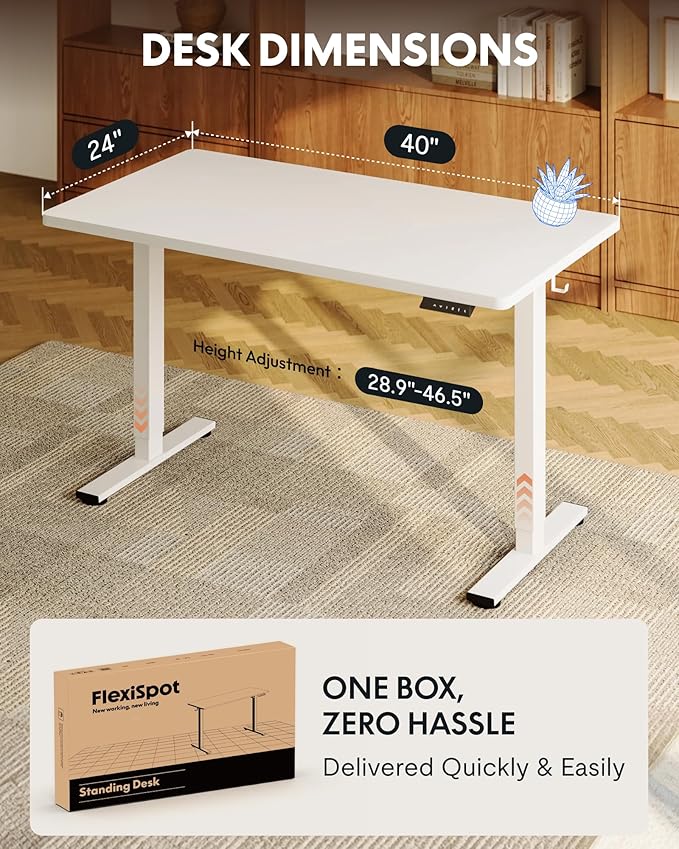 FLEXISPOT EN1 One-Piece Standing Desk, 40"x24" Seamless Desktop Electric Height Adjustable Desk for Home Office, Multi-Monitor Setups & Easy Assembly, White