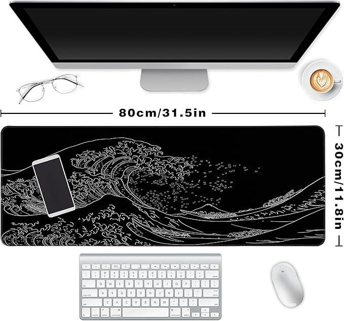 Long Gaming Mouse Pad Extended Anime Large Desk Pad with Non-Slip Base Full Keyboard Mat with Stitched Edges for Gaming and Office 31.5 x 11.8 inches (Black Wave)