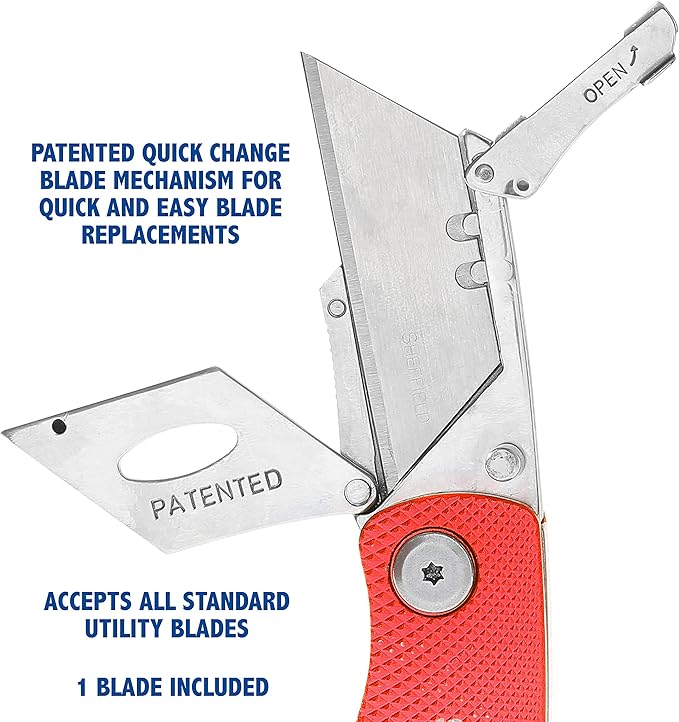 Sheffield Folding Utility Knife, Accepts Standard Utility Knife Blades, Box Cutter Aluminum Handle, Razor Blades Included, For Home, Office, Trades, and Warehouse