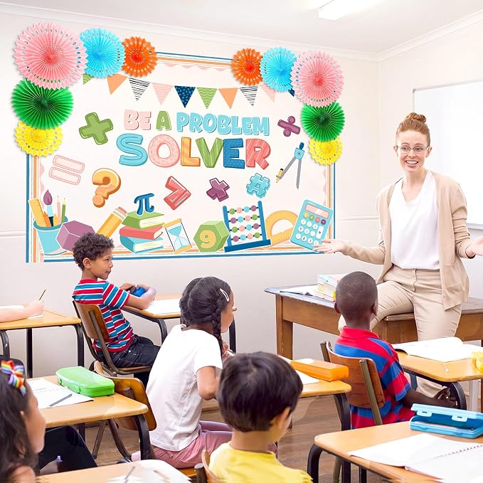 71 Pcs Boho Math Bulletin Board Decorations with Paper Fans 3D Be a Problem Solver Classroom Bulletin Board Math Symbols Cutouts for Back to School Preschool Office Door Wall Decor Supplies