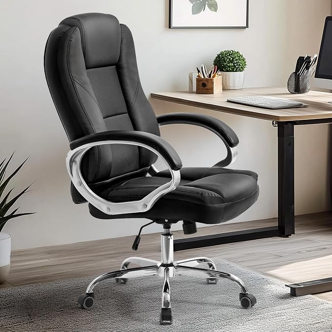 NEO CHAIR Office Desk Chair PU Leather Chair with Lumbar Support, Jet Black | Ergonomic High Back Executive Computer Chair, Comfortable Padded Fixed Armrests Swivel Chair with Wheels for Office/Home