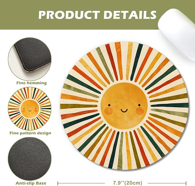 Boho Colorful Sunshine Round Mouse Pad 7.9x7.9in | Boho Office Supplies,Rainbow Sunshine Mousepad Mouse Mat for Computer Laptop Home Office Dorm Desk Accessories