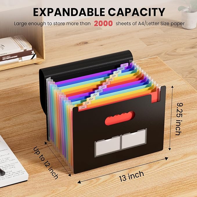 Sooez Accordion File Organizer, 13 Pocket Expanding File Folders, Letter/A4 | Portable Monthly Paper Bill Tax Receipt Organizer, Letter A4 Size Document Holder with Blank Labels