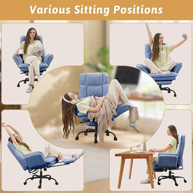 Wider Seat Office Chair with Flip Armrests for Criss Cross Legged&Cats, Big and Tall Executive Ergonomic Reclining Chair with Footrest&Lumbar Pillow, Teddy Fleece Desk Chair,Blue Vanity Chair
