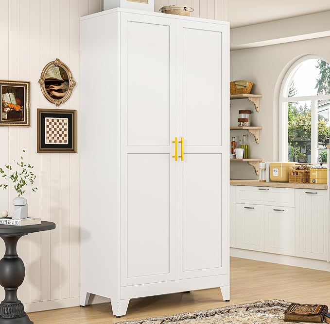 PAOFIN 75" Metal Kitchen Pantry Cabinet,White Storage Cabinet with Doors and 5 Adjustable Shelves, Cabinet with 2 Metal Handles,Tall Cabinet for Livingroom,Pantry, Bathroom,Kitchen