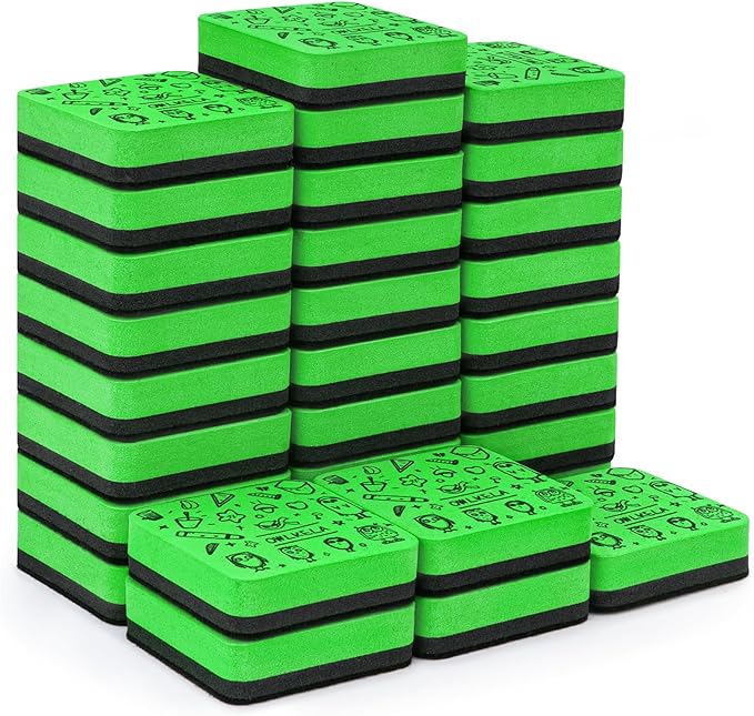 OWLKELA 30 Pcs Dry Erase Erasers, Green | Magnetic Whiteboard Eraser, Mini Cleaning Pads, Ideal for Classroom, Office and Home