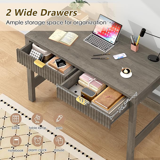 39 Inch Small Fluted Computer Desk with 2 Drawers for Bedroom, Home Office | Small Computer Desk with Storage, Compact Writing Study Desk for Small Spaces, Grey