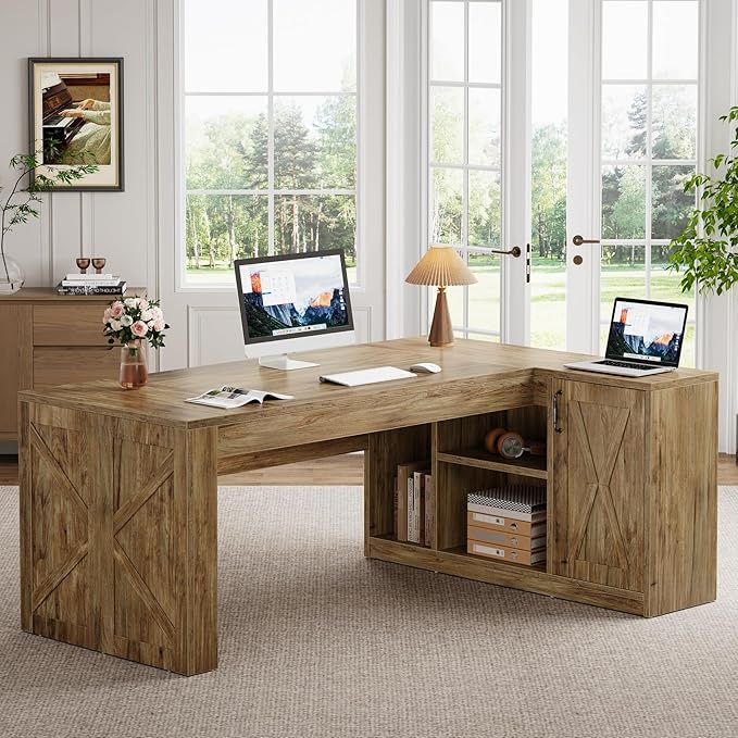 Tribesigns 71" L-Shaped Executive Desk with File Cabinet, Large Office Computer Table with Storage Shelves, Professional Business Furniture Workstation for Home Office, Rustic Brown