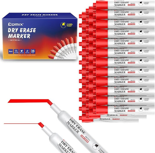 Comix Dry Erase Markers, Chisel Tip Whiteboard Markers, 36 Count Red Color | Low Odor, Non-toxic, Smooth Writing, Easy to erase, Suitable for Classroom, Teachers, Office, School Supplies