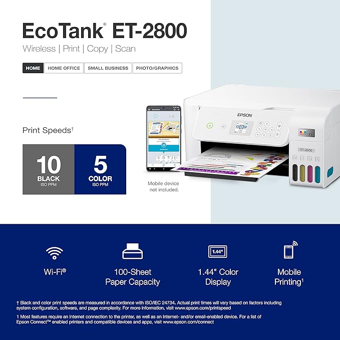 Epson EcoTank ET-2800 Wireless Color All-in-One Cartridge-Free Supertank with Scan and Copy, The Ideal Basic Home Printer - White