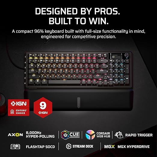 Corsair Vanguard PRO 96 Wired Hall Effect Magnetic Mechanical Gaming Keyboard – 96% Layout, MGX Hyperdrive Switches, 8000Hz Polling, Rapid Trigger, Virtual Stream Deck, SOCD Flashtap, QWERTY US