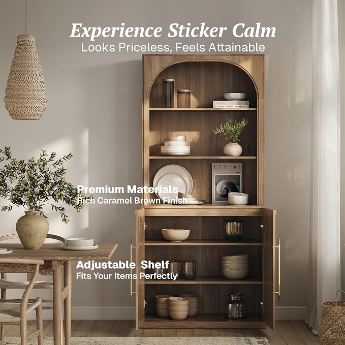 BELLEZE 72" Modern Wood Bookshelf with Arched Doors,Tall Storage Cabinet with Hutch and 3-Tier Shelves, Display Curio Cabinet for Kitchen, Dining Room, Living Room, or Office, Camel