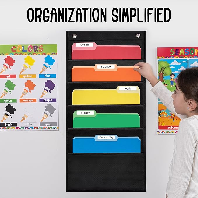 Essex Wares - 5 Pocket File Pocket Chart, Black, 14" Wide x 24" Tall - Versatile Wall Hanging File Folder Organizer for Classroom, Office, Home, and More - Wall Folder Organizer - 5 Pockets