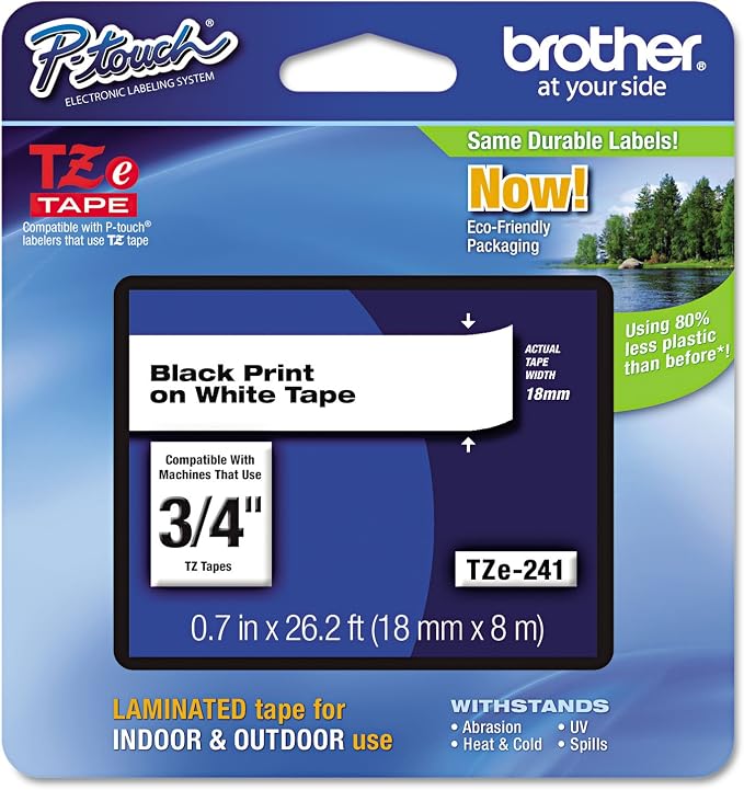 Brother Genuine P-Touch TZE-241 Tape, 3/4" (0.70") Standard Laminated P-Touch Tape, Black on White, Perfect for Indoor or Outdoor Use, Water Resistant, 26.2 Feet (8M), Single-Pack | 18mm laminated tape with 8m length and standard adhesive for organizat...