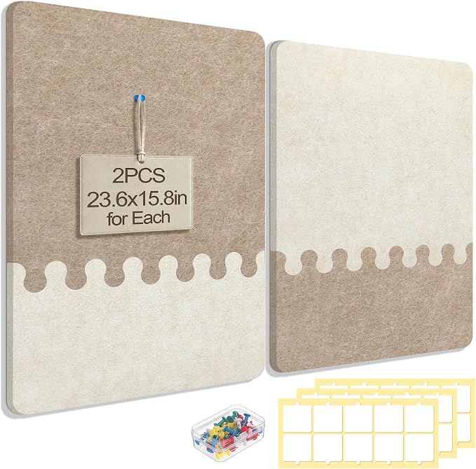 2Pcs Thickened Felt Bulletin Board for Home Office Wall Decor, 23.6x15.8in | Create a Comfy, Personalized Office, 2-Tone Vision Pin Board with Pins & Nano Tapes, Cork Boards Alternative, Camel Mix