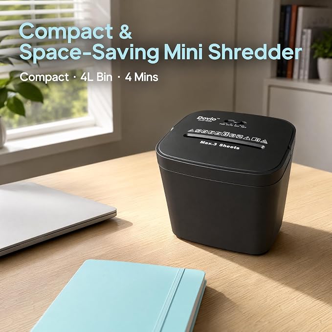 OVO-408S Mini Home Office Cross Cut Shredder, 3-Sheet Folded, 4L Bin | 4×28mm cross cut, jam reverse, 2m/min speed, <65dB quiet, 4min/60min cycle, shreds receipts, envelopes, home office privacy