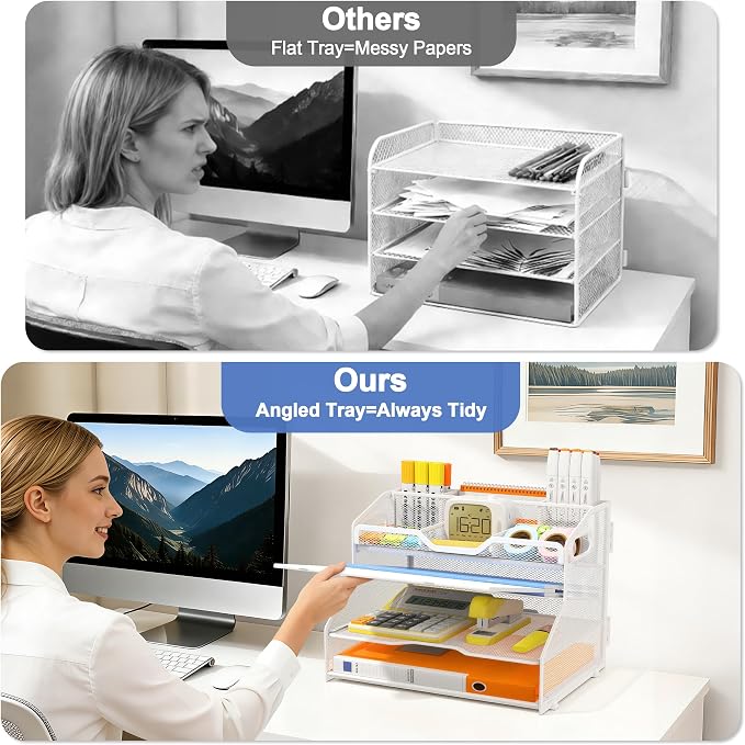 4 Tier Metal Desk Organizer with Magazine File Holder, White | Space saving workspace desk file trays. Includes pencil holder and portable handles. Ideal for school and office supplies