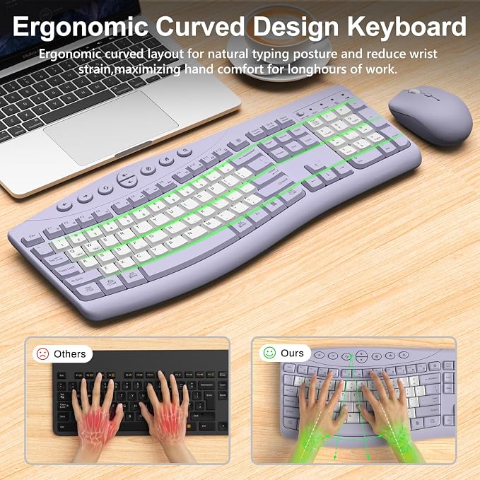 Wireless Keyboard and Mouse Combo, 2.4G Quiet Ergonomic Curved Keys (Purple-B)