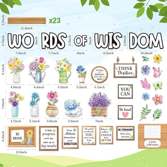 Mooliwe 57 Pcs Spring Bulletin Board Set Motivational Flower Cutouts | Positive Quotes with Floral Designs, Classroom Wall Decor for Teachers, Inspirational Cutouts for School Office Decoration