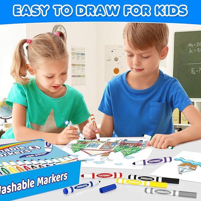 Washable Markers Bulk (288 Count), 8 Assorted Colors, Washable Markers for Kids Classroom School, Broad Tip Durable for Back to Classroom Art School Supplies Essentials