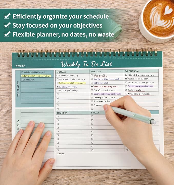 104 Pgs Weekly To Do List Notepad 52 Duplex-Printed Undated Sheets 100 GSM | （8.5"×11") Weekly Desk Planner For Work Home School Office Desk Accessories Supplies & Goal Setting Tasks - Green