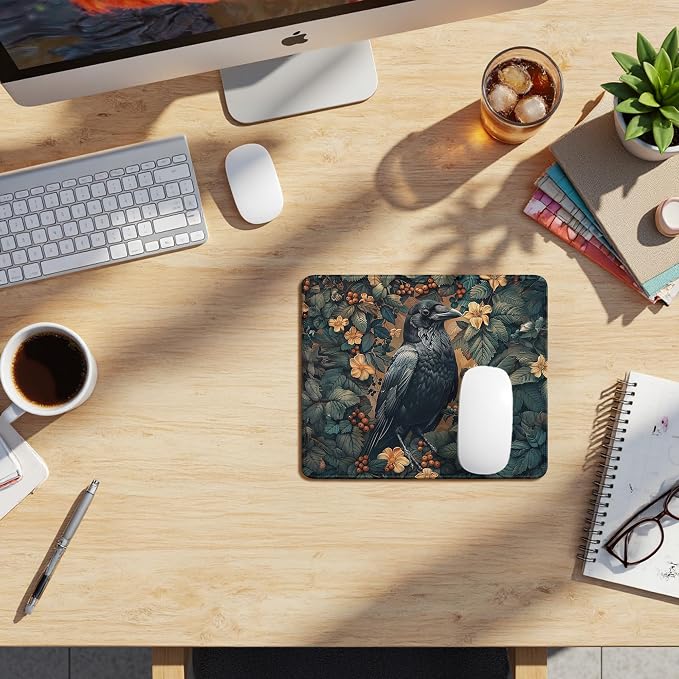 Vintage Moody Raven Mouse Pad, Dark Contemporary Botanical Crow Bird Mouse Pads Mousepad for Desk Home Office Dorm Computers Laptop, Gothic Nature Office Supplies Desk Accessories, 9.5x7.9 Inch