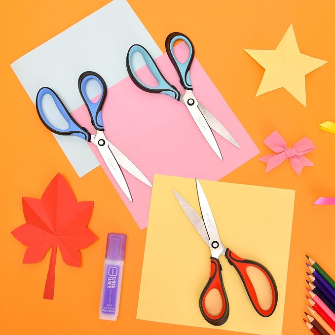 Real Left handed scissors for adults & kids age 12+ with comfortable 3-color ergonomic handle, 8 INCH 3 Packs Scissors All purpose left handed Tool for Daily Cutting Needs