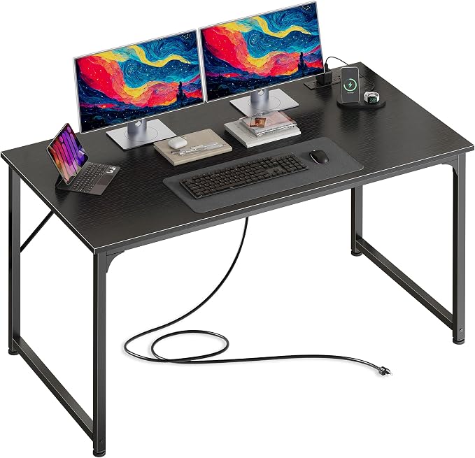 47 X 24 Inch Deeper Desk with Power Outlets | Computer Desk for Bedroom, Office Desk for Work from Home, Writing Study Gaming Table, Stable Metal Frame, Black