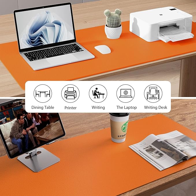 Aothia Faux Leather Desk Mat – Large Mouse Pad, Non-Slip PU Leather Blotter, Waterproof Writing Surface for Office and Home (Hermes Orange, 47.2" x 23.6")