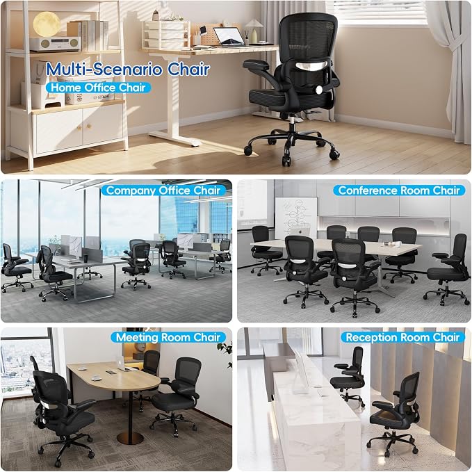 TRALT Ergonomic Office Chair Desk Chair with Adjustable Lumbar Support | Desk Chair Comfy with Flip-up Armrests Ergonomic Chair - Mesh Computer Chairs for Adults, 330lbs, PU Leather (Black, 4)