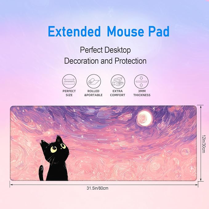 Starry Night Cat Desk Mat,Pink Cute Large Gaming Mouse Pad,31.5x12in | Dreamy Anime Kawaii Extended Mousepad,XL Washable Desk Decor Keyboard Mat,Stitched Edges Mousemat for Women,80x30 cm