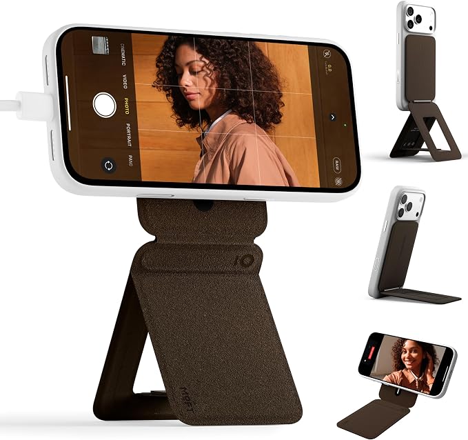 MOFT Phone Stand, Magnetic Phone Tripod Stand MOVAS-E-Coffee Leather & Angle Adjustment & Strong Magnets Tripod for iPhone 17/16/15/14/13/12 (Included Metal Ring)-Coffee