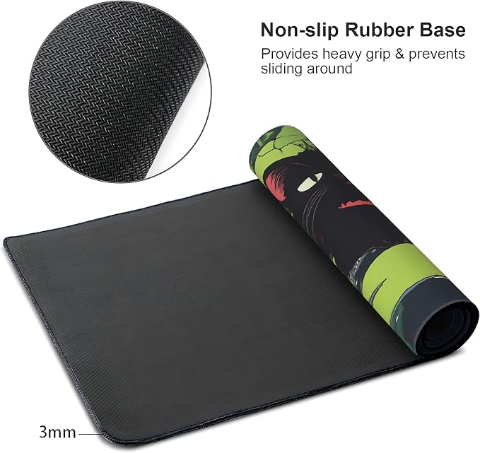 Cute Anime Black Cat Gaming Mouse Pad, Forest Green Anime Desk Mat with Anti-Slip Base & Stitched Edges, Office & Home Desk Decor for Women, 35.4" x 15.7" in Computer Desktop Mat
