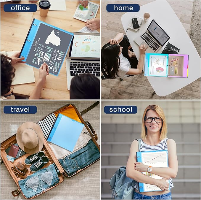 INFUN 1 Inch 3-Ring Telescoping Project Organizer Binder,13 Pocket, Customizable Front Cover, 5 Colors Pocket Divider and Plastic Binder Pocket，225 Sheet Capacity-Blue
