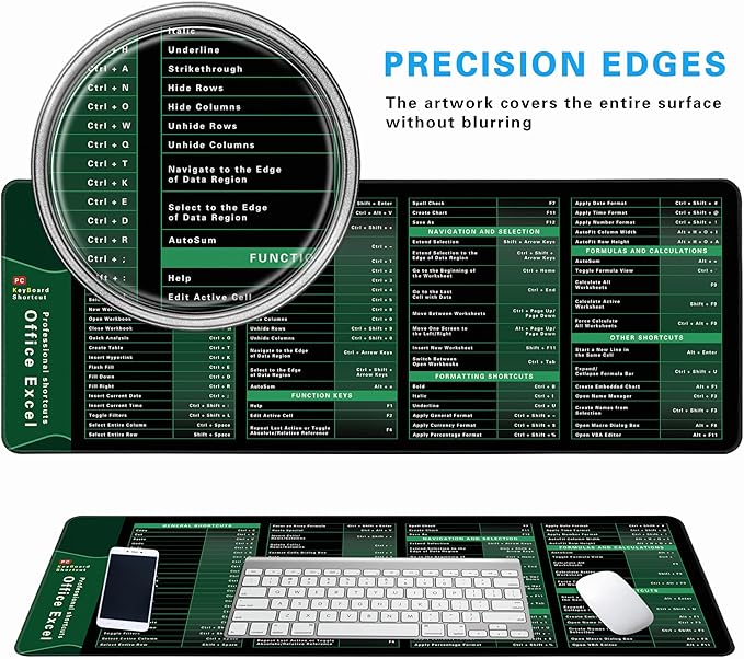 Excel Shortcut Keys Mouse Pad - Extended Large XL Cheat Sheet Gaming Mousepad | PC Office Spreadsheet Keyboard Mat | Non-Slip Stitched Edge 31.5"x11.8"